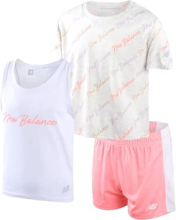 New Balance Girls' Active Shorts Set - 3 Piece Performance T-Shirt, Tank Top, and Gym Shorts - Summer Outfit for Girls (7-12)