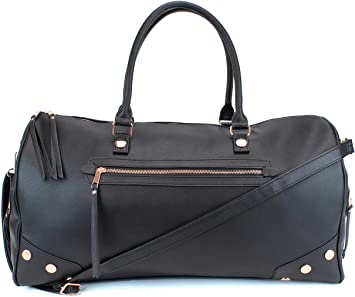 Women's Studded Large PU Leather Weekender Duffel Bag with Rose Gold Hardware and Satin Interior - Big 22" Size - Black