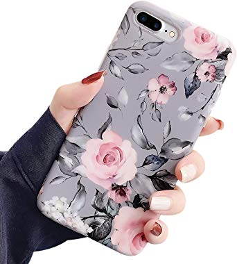 Ownest Compatible iPhone 7 Plus, iPhone 8 Plus Case with Pink Floral and Gray Leaves for Girls Woman Leaves with Flowers Pattern Romantic Elegant TPU for iPhone 7 Plus/iPhone 8 Plus-Pink Flowers