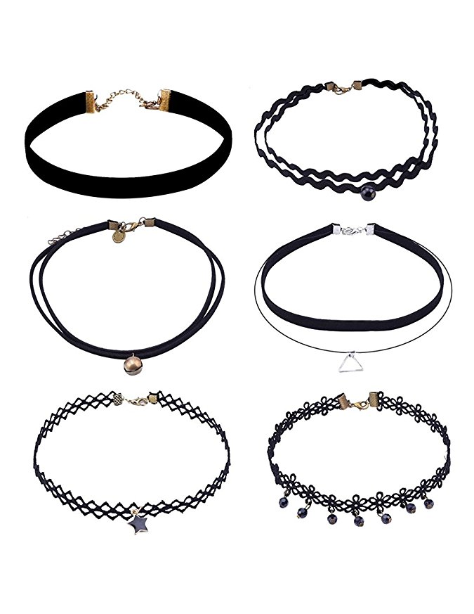 Women's Black Choker Necklaces Set Gothic Velvet Stretch Tattoo Chocker Tassel Elastic Pendant (Style-4 (6pcs))