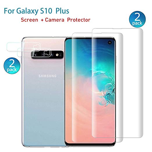 Tempered Glass Screen Protector with Camera Lens Protector for Samsung Galaxy S10 Plus, Full Screen Coverage Screen Protector, 3D Curved, HD Clear Anti-Bubble Film with Easy Installation. (2-Suit)