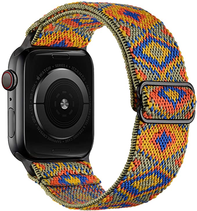 OXWALLEN Stretchy Solo Loop Compatible with Elastic Apple Watch Bands 42mm 44mm, Adjustable Braided Pattern Nylon Sport Women Men Bracelet Strap for iWatch SE Series 6/5/4/3 - Orange Geo Jacquard