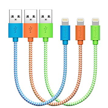 Lightning Charger, 3 Pack 20cm F-color Apple MFi Extra Short Braided Cable Cord for iPhone 8 7 6S 6 Plus 5S 5C 5, iPhone SE, iPad Air 2 Mini 4 iPad Pro iPod Touch 5 iPod Nano 7 Orange Green Blue