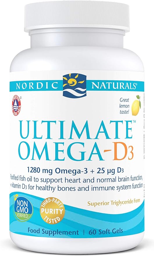 Nordic Naturals Ultimate Omega D3 - 1280 mg Omega-3, Supports Heart and Normal Brain Function, Lemon Flavour, 60 Count