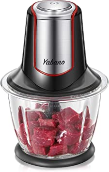 Mini Chopper, Food Processor Meat Grinder with 4 Bi-Level Blades, 300W Electric Kitchen Chopper for Meat, Onion, Vegetables and Nuts, 1.2L Glass Bowl, by Yabano