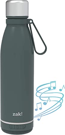 Zak Designs Zak Play Bluetooth Water Bottle with Carrying Loop, Wireless Speaker, Reusable Stainless Steel and Double-Wall Vacuum Insulation with Rechargeable Battery, Micro USB Port (17.5ounce, Gray)