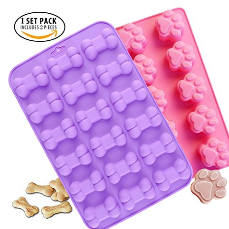 Food Grade Silicone Puppy Dog Paw and Bone Silicone Mold, IHUIXINHE Ice Cube Mold, Chocolate Mold, Candy Mold, Cupcake Baking mold, Muffin pan, 2 Pack Set (Puppy)