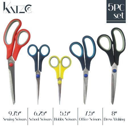 5 Pieces Scissors Stainless Steel Comfort Grip Multi-Purpose Scissors Set - For Fabric, Leather, Canvas, Vinyl, Paper, Clothes, Shoes, Belts, Bags, Kitchen, Arts and Crafts, & School - By Katzco