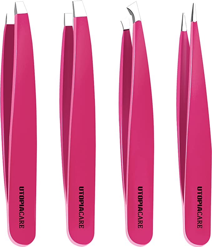 Utopia Care Professional Stainless Steel Tweezers Set (4-Piece) – Precision Tweezers for Ingrown Hair, Facial Hair, Splinter, Blackhead and Tick Remover - Pink