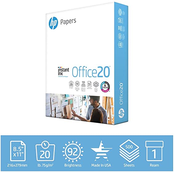 HP Printer Paper 8.5x11 Office 20 lb 1 Ream 500 Sheets 92 Bright Made in USA FSC Certified Copy Paper HP Compatible 112150R