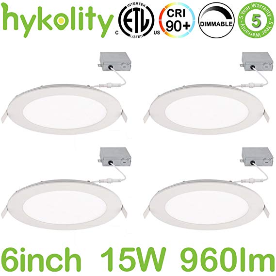 Hykolity 15W 6 inch LED Slim Recessed Ceiling Light, Low Profile Downlight with Juction Box Dimmable, 960lm CRI90, 3000K Warm White, ETL& Energy Star Listed 4 Pack