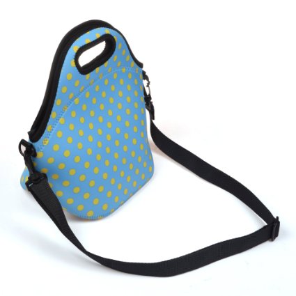 Cosmos ® Light Blue with Yellow Dot Neoprene School Travel Outdoor Portable Snack Lunch Tote Bag with Shoulder Strap