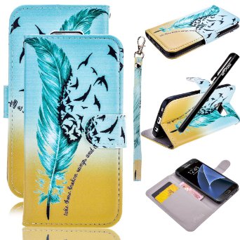 Galaxy S7 Case, We Love Case PU Leather Color Print Folio Cover with Wallet Function / Kickstand / Wrist Strap Design / Credit Card Holder for Samsung S7 * One Stylus Pen - Feather Bird