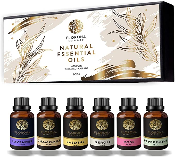 Florona Essential Oils Gift Set, Natural Aromatherapy Essential Oil for Diffuser Humidifier Massage - lavender, tea tree, Chamomile, Neroli, Jasmine, Rose and Peppermint - 6 Pack 10mL/Bottle