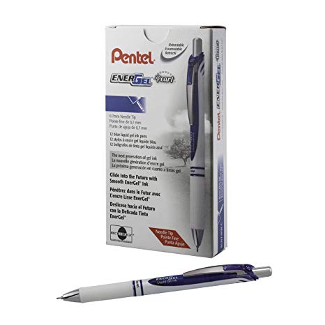 Pentel EnerGel RTX Pearl Retractable Liquid Gel Pen, (0.7mm) Medium Line, Needle Tip, Blue Ink, 12 pack (BLN77PW-C)