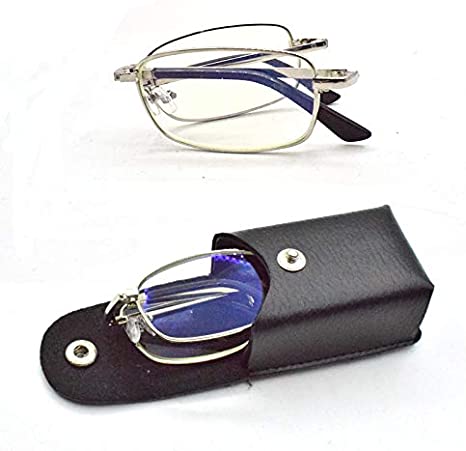 Blue Light Blocking Glasses Reading Glasses with Anti Eyestrain Metal Frame Foldable Compact Reading Glasses for Unisex Leather Case Wiping Cloths Included (Silver, 1.5X)