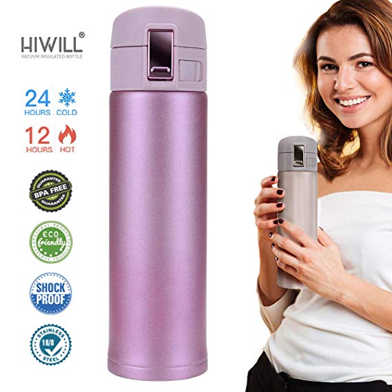 Hiwill Double Walled Vacuum Insulated Travel Coffee Mug, Stainless Steel Flask, Sports Water Bottle, One Hand Open (New Pink)