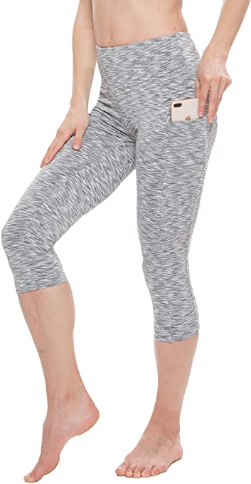 NIRLON Capri 3/4 Yoga Pants Sides Pockets High Waist Workout Black Leggings for Women Regular & Plus Size