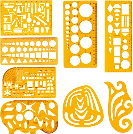 8 Pieces Geometric Drawings Templates Drafting Stencils Measuring Tools Plastic Clear Yellow Curve Circle Template Geometric Rulers for School Studying Office Designing and Building