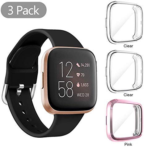 (3 Pack) Orzero Compatible for Fitbit Versa 2 Screen Protector Case Full Body Cover Scratch Resistant Shock Absorbing Ultra Slim Protective - Clear,Clear,Pink