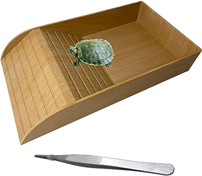 kathson Reptile Tortoise Turtle Feeding Dish with Ramp and Basking Platform Plastic Turtle Food and Water Bowl Also Fit for Bath Horned Frogs Lizards Amphibians (Brown, Emulational Wood)