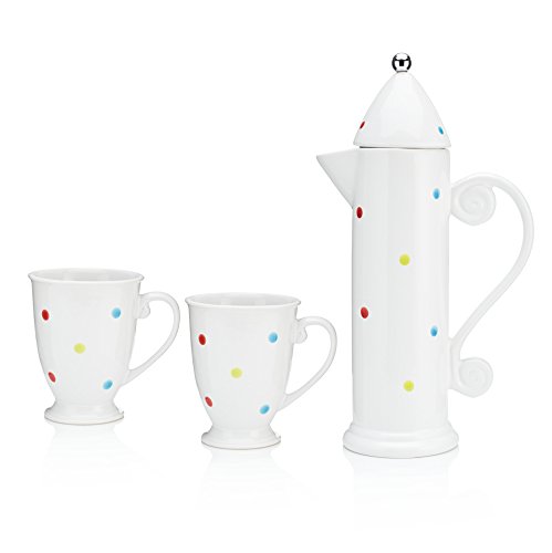 Francois et Mimi Ceramic French Press for Coffee and Tea, 27oz, Comes with 2 Large-Sized Ceramic Cups, Mugs (Polka Dot)