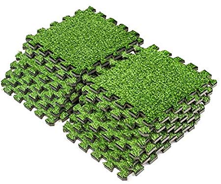 Sorbus Grass Mat Interlocking Floor Tiles – Soft Artificial Grass Carpet – Multipurpose Foam Tile Flooring – Great for Patio, Playroom, Gym, Tradeshow, 12 Sq ft (12 Tiles)