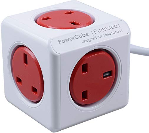 PowerCube 5 Outlets 3M Extension Cord Wall Adapter with Resettable Fuse (Red)