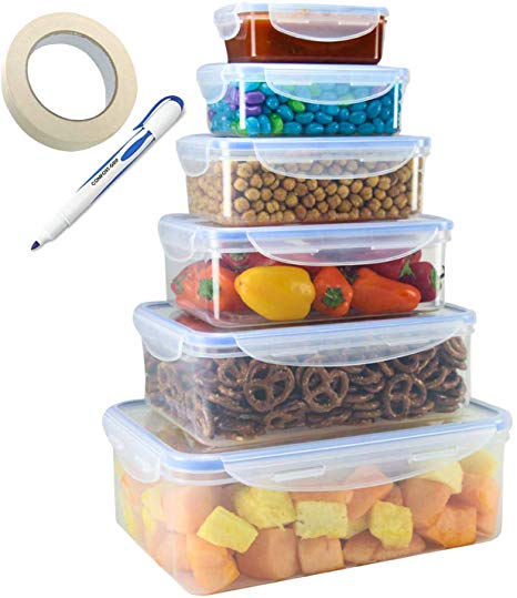 TigerChef Food Storage Container Set With Airtight Leak Proof Snap Lock Lids - BPA Free, Microwave, Freezer and Dishwasher Safe - 12 Piece Containers Set Includes Freezer Labels And Marker