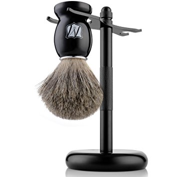 Miusco Premium 100% Pure Badger Hair Shaving Brush and Luxury Stand Shaving Set, Black Stand, Black Brush