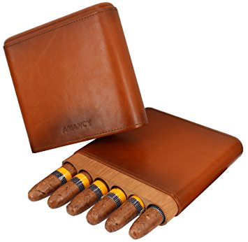 AMANCY 6- Fingers Brown Leather Cigar Case Travel Cigar Humidor with Cedar Wood Lined