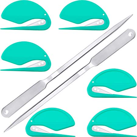 8 Pieces Letter Opener Envelope Slitter Mail Opener Includes 6 Pieces Plastic Letter Opener, 2 Pieces Stainless Steel Envelope Knife (Green and Silver)