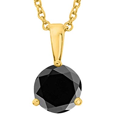 1/2-5 Carat Round Black Diamond 3 Prong Pendant Necklace (AAA Quality) W/ 16" Gold Chain