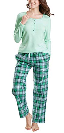 Ink Ivy Women Pajamas Set, Fleece & Cotton Ladies Pjs 2 Piece - Long Sleeve Rib Henley Top & Flannel Pants