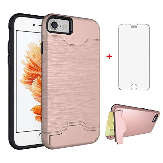 iPhone 7 8 Wallet i Phone Case with Tempered Glass Screen Protector Credit Card Holder Stand Kickstand Slim Protective Full Body Silicone for Apple i-Phone Seven i7 i8 7s 8s Women Girls Pink Rose Gold