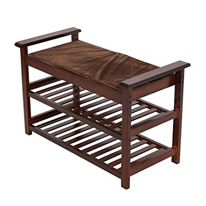 Dporticus Bamboo Shoe Bench with Cushion Upholstered Padded Seat Entryway Shoe Rack Shelf Organzier for Bedroom Living Room Hallway Espresso