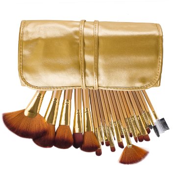 DE'LANCI Pro 21Pcs Golden Synthetic Cosmetic Foundation Blending Kabuki Makeup Brush Set Face Blush Concealer Eyeshadow Contouring Make Up Brushes Kit Tools with Leather Brush Bag