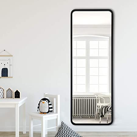 NeuType Rectangle Wall-Mounted Mirror Full Length Dressing Mirror Floor Mirror Hanging or Leaning Against Wall (59" x 20", Black, Wood Frame, with Stand)