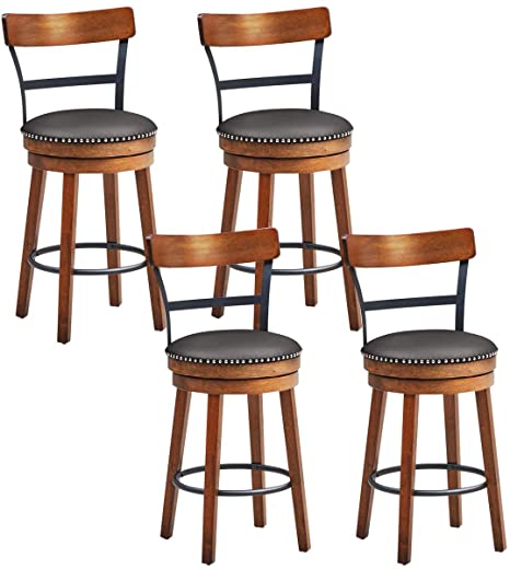 COSTWAY Bar Stools Set of 4, 360-Degree Swivel Stools with Leather Padded Seat, Single Slat Ladder Back & Solid Rubber Wood Legs, Counter Height Stools for Pub, Restaurant, Kitchen, Brown (4, 25.5)