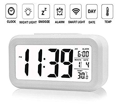 NEXUS Smart Digital Alarm Clock for Bedroom with Automatic Sensor Backlight,Date & Temperature (Black Or White)