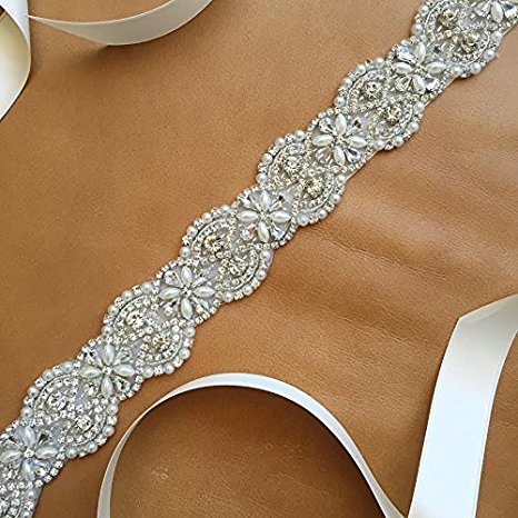 Pearl Crystal Bridal Sash Belt, Crystal Bead Trim, Wedding Sash Applique, Half Yard