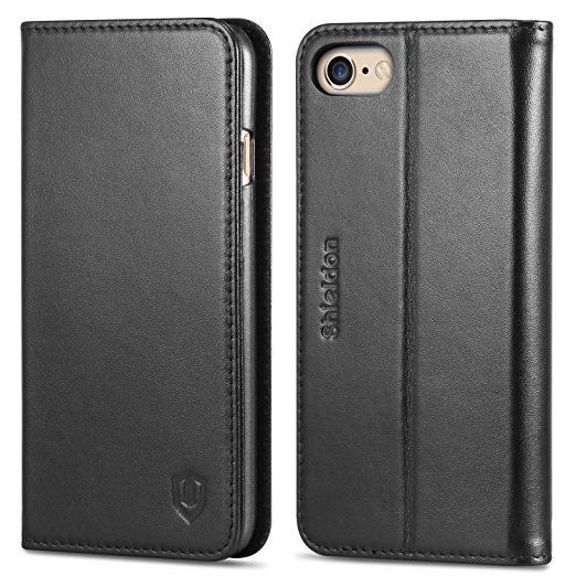 iPhone 6s Case, SHIELDON Genuine Leather Wallet Case, Slim Flip Book Cover with Stand Function, Cards Slots, Magnetic Closure for iPhone 6s / iPhone 6 (4.7 inch) - Solid Black