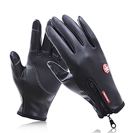 Biking Gloves, Keeper Windproof Gloves Leather in Winter Outdoor Cycling Waterproof Gloves with Zip Adjustable Size Touchscreen Gloves work for iPhone 8, iPhone 7 and Smartphone
