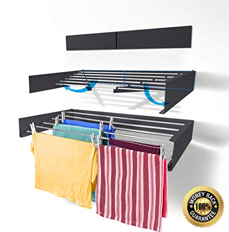 Step Up Laundry Drying Rack - Wall Mounted - Retractable - Clothes Drying Rack Collapsible Folding Indoor or Outdoor – Space Saver Compact Sleek Design, 60lbs Capacity, 20 Linear Ft (Industrial Gray)