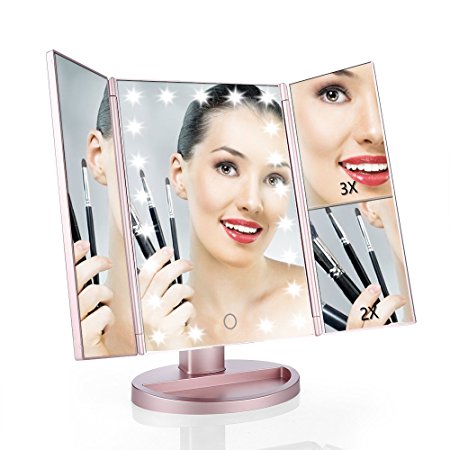 Easehold Lighted Vanity Mirror Magnifiers Tri-Fold Three Panel 21Led Light 180 Degree Free Rotation Countertop Cosmetic Makeup Mirror with 2X/3X Magnification (Rose Gold)