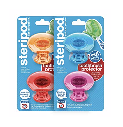 Steripod Clip-On Toothbrush Protectors: Blue, Pink, Red, Orange (4 Total)