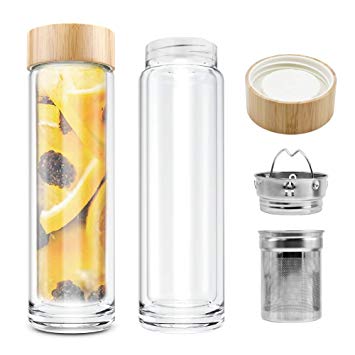 COMI Double Wall Glass Borosilicate Bamboo Lid Water Bottle with Infuser & Strainer 400ml/14oz