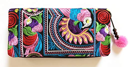 Wallet by WP Embroidery Bird Multicolors Zipper Wallet Purse Clutch Bag Handbag Iphone Case Handmade for Women