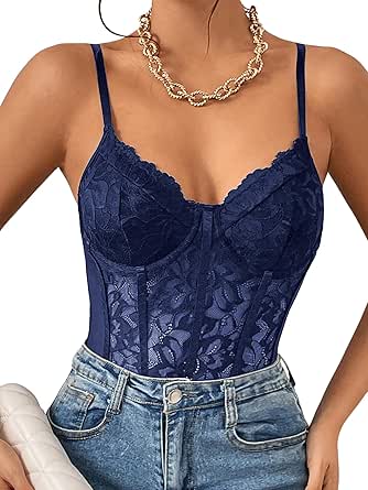 Milumia Women's Floral Lace Sheer Mesh Corset Bodysuit Spaghetti Strap Cami Top