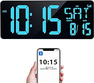 XREXS 16.5" Large Digital Wall Clock Bluetooth Sync Time, Precise Atomic Clocks with Remote Control, Adjustable Dimmer Grandfather Clock, Temperature Clock for Bedroom, Desk Alarm Clock for Teens